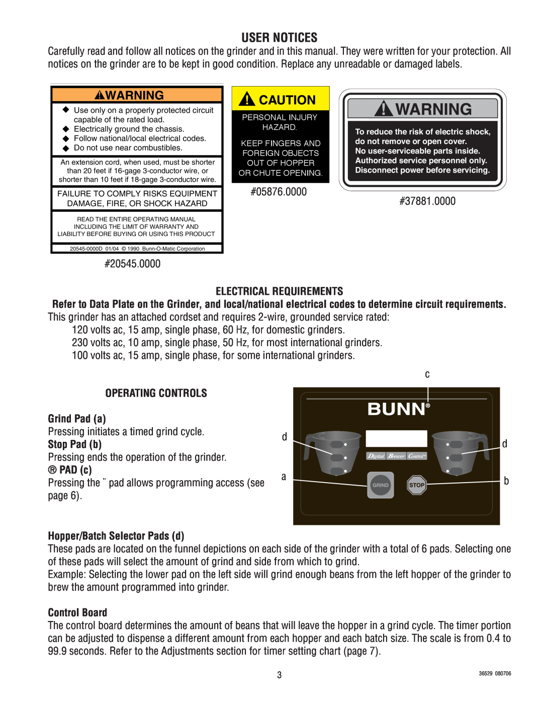 Bunn Dual SH manual User Notices, Electrical Requirements, OPERATING CONTROLS Grind Pad a, Stop Pad b, PAD c, Control Board 