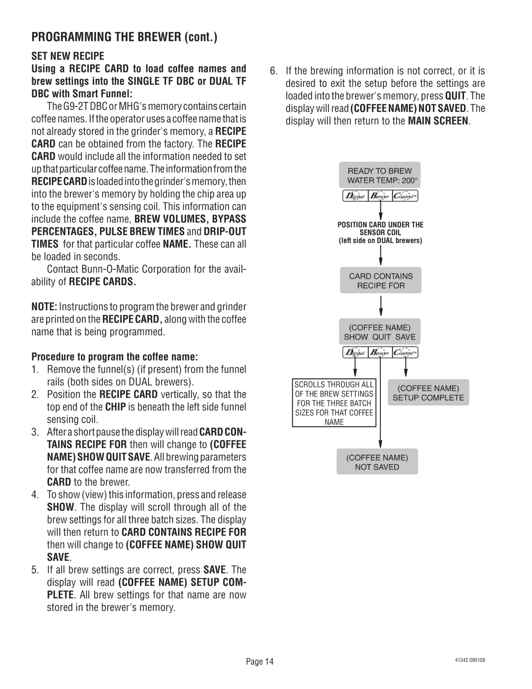 Bunn DUAL068000 manual Procedure to program the coffee name 