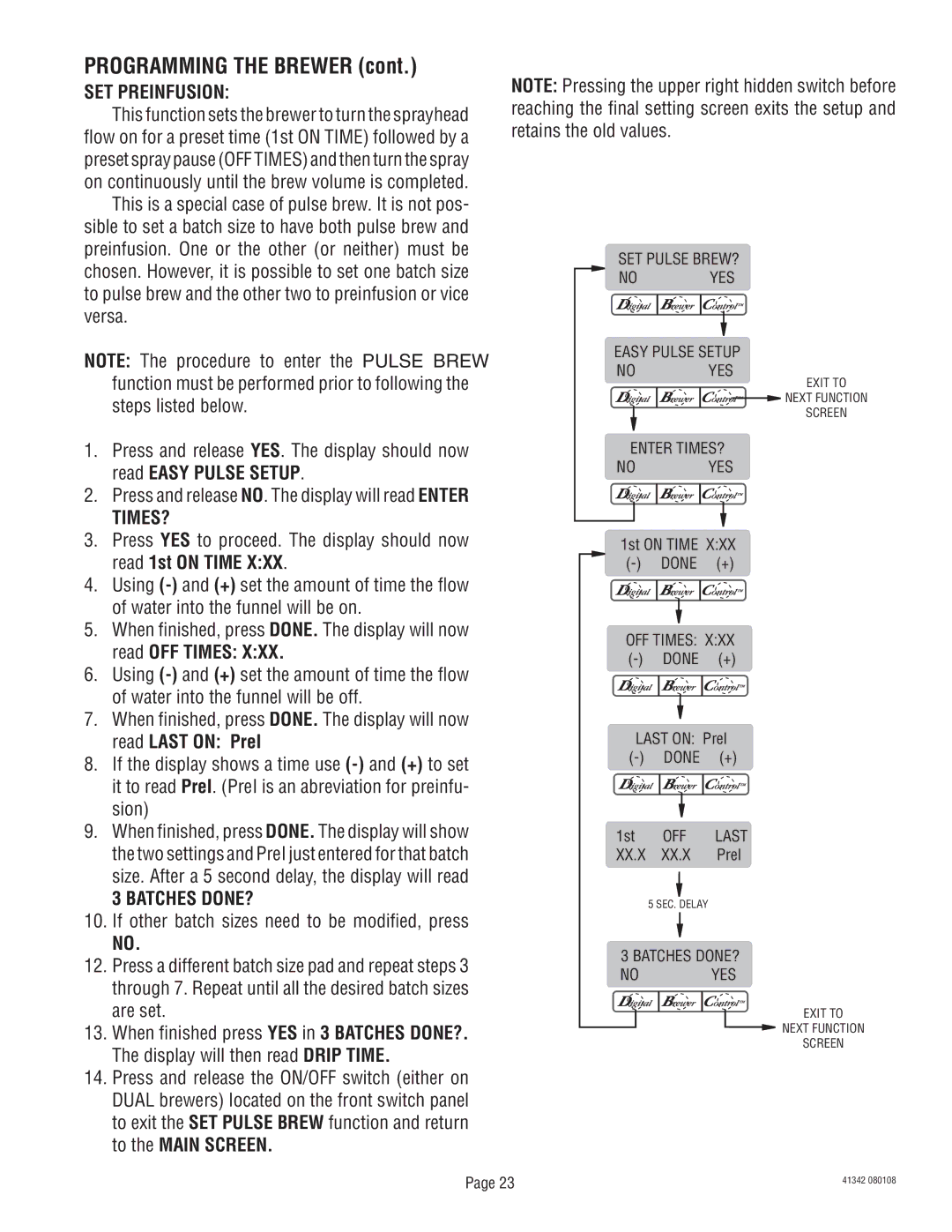 Bunn DUAL068000 manual SET Preinfusion, Batches DONE? 