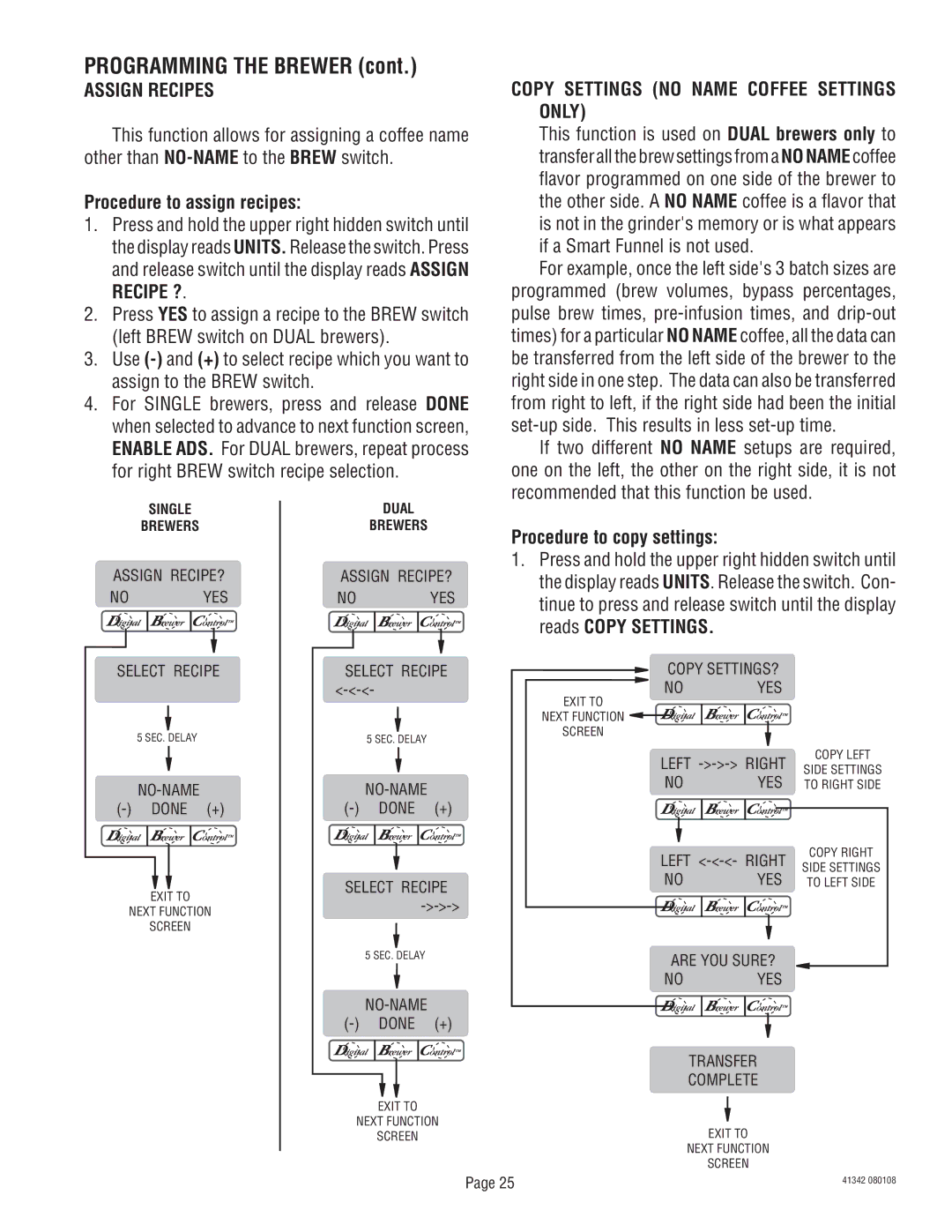 Bunn DUAL068000 manual Assign Recipes, Procedure to assign recipes, Copy Settings no Name Coffee Settings only 