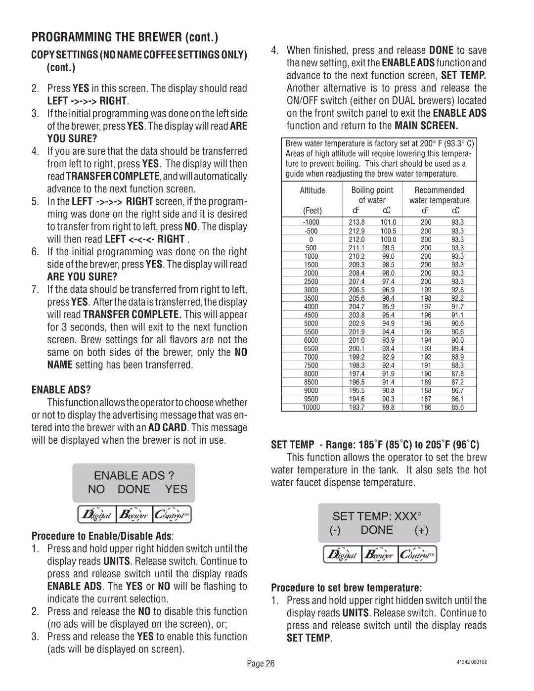 Bunn DUAL068000 manual You Sure?, Are YOU SURE?, Enable ADS?, SET Temp 