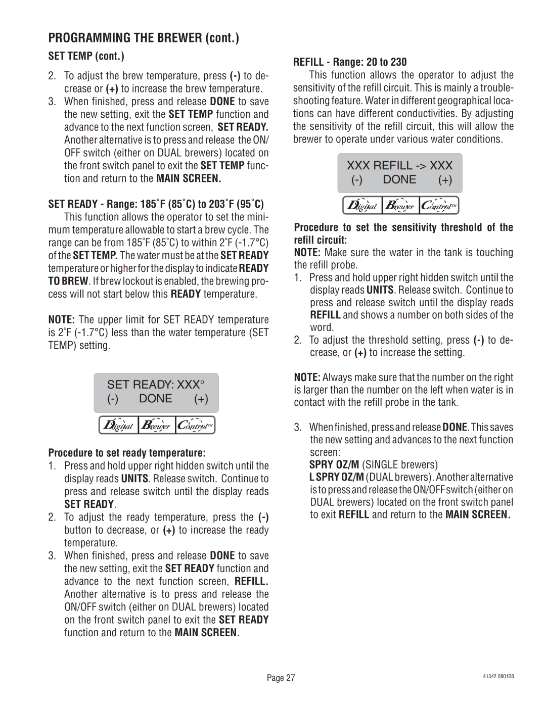 Bunn DUAL068000 manual SET Temp, Procedure to set ready temperature, SET Ready, Refill Range 20 to 