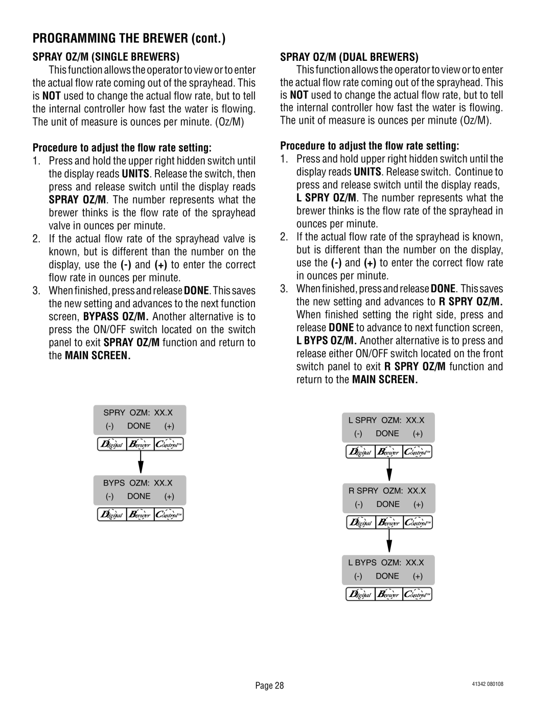 Bunn DUAL068000 manual Spray OZ/M Single Brewers, Procedure to adjust the flow rate setting, Spray OZ/M Dual Brewers 