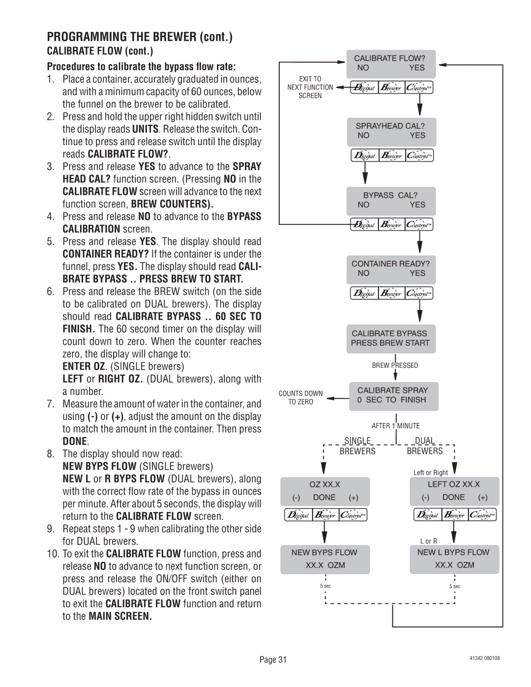 Bunn DUAL068000 manual Calibrate Flow Procedures to calibrate the bypass flow rate, Brate Bypass .. Press Brew to Start 