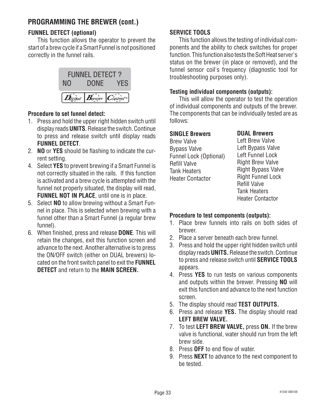 Bunn DUAL068000 manual Funnel Detect, Service Tools, Left Brew Valve 