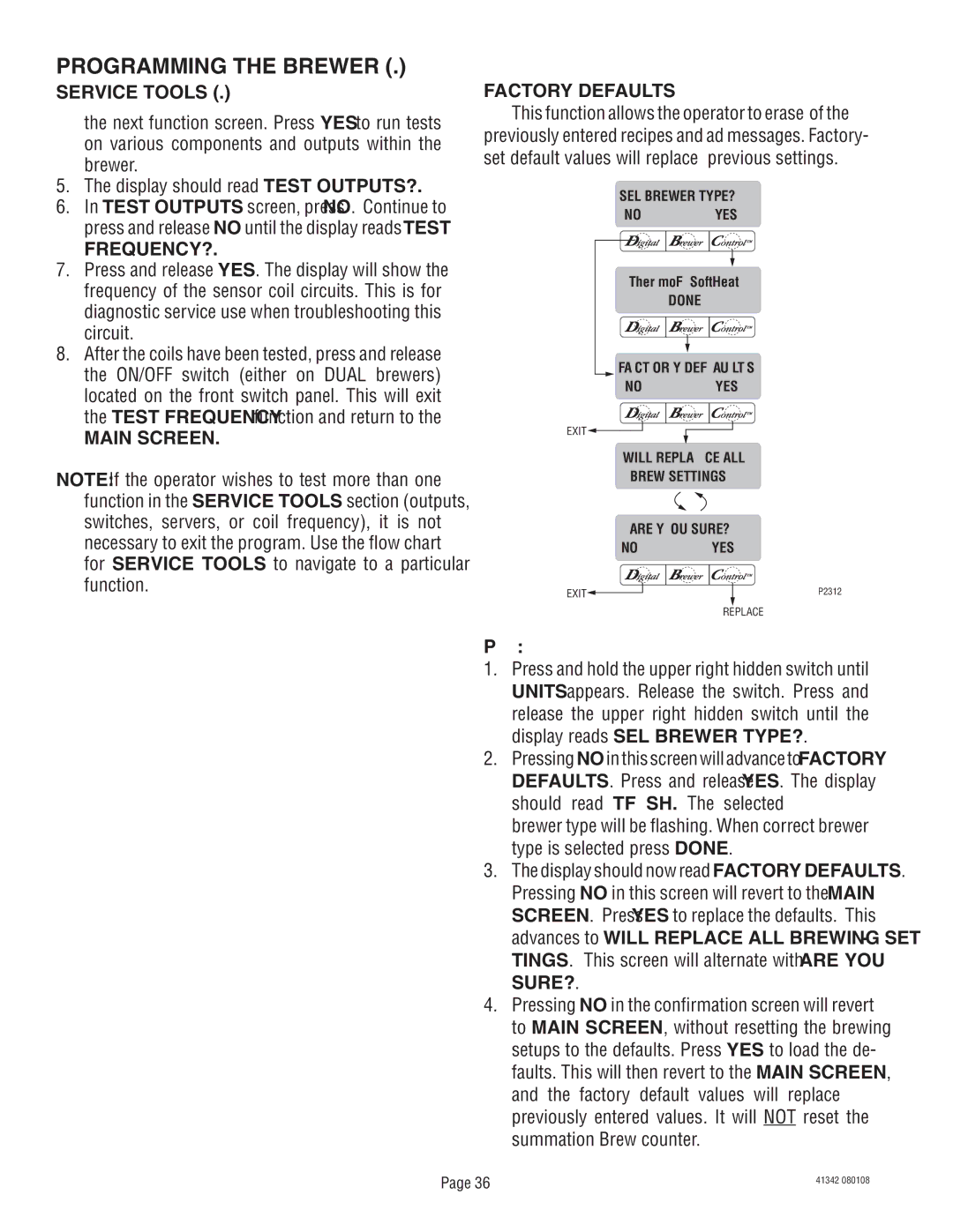 Bunn DUAL068000 manual Frequency?, Main Screen Factory Defaults, Procedure to set factory defaults 