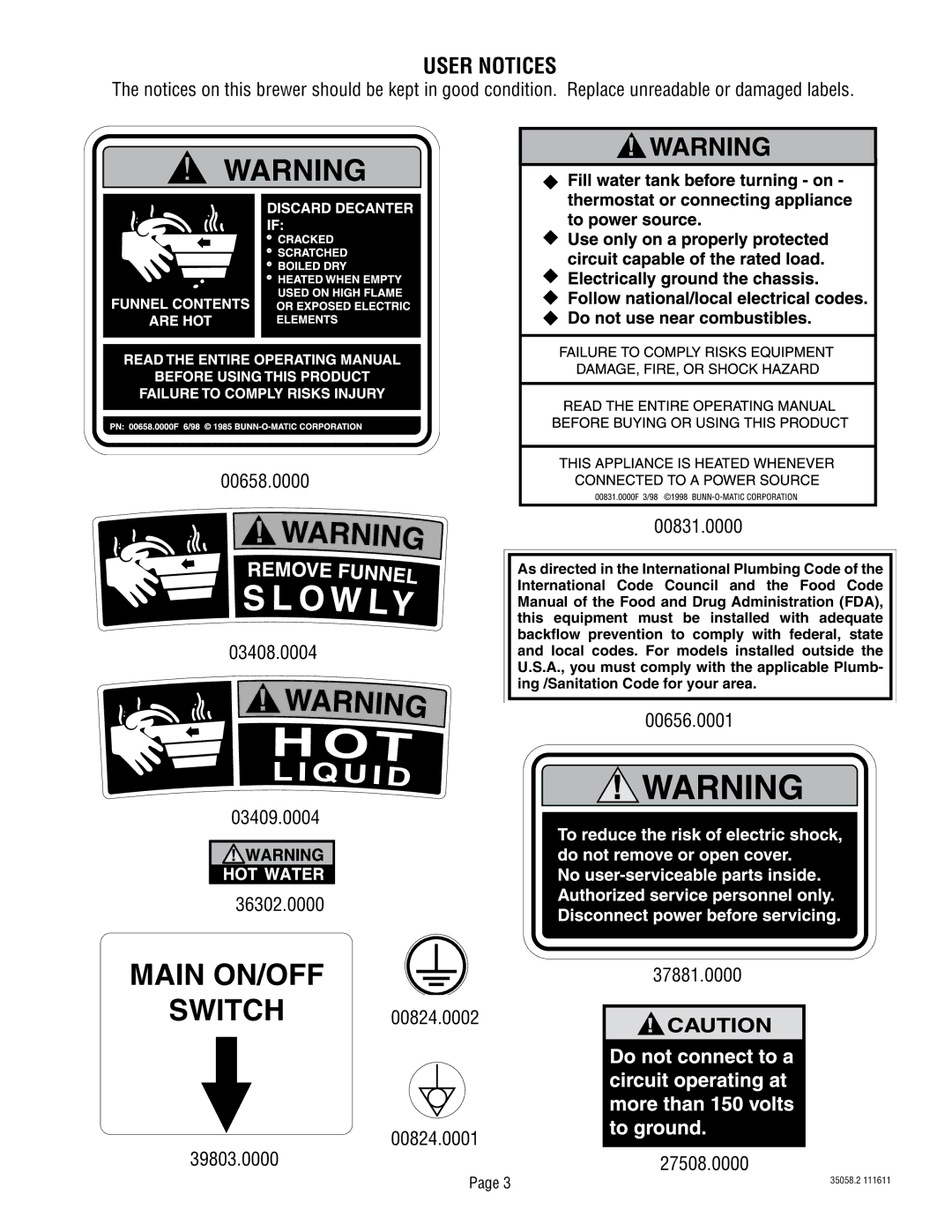 Bunn DUAL068000 manual User Notices 