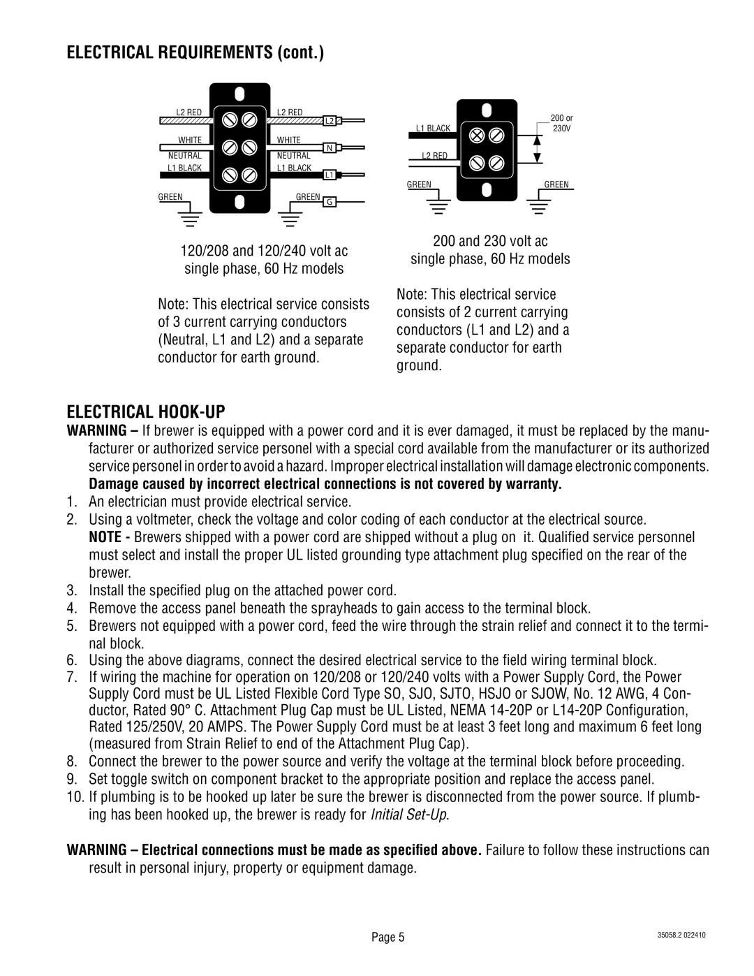 Bunn DUAL068000 manual Electrical Requirements, Electrical HOOK-UP, volt ac Single phase, 60 Hz models 