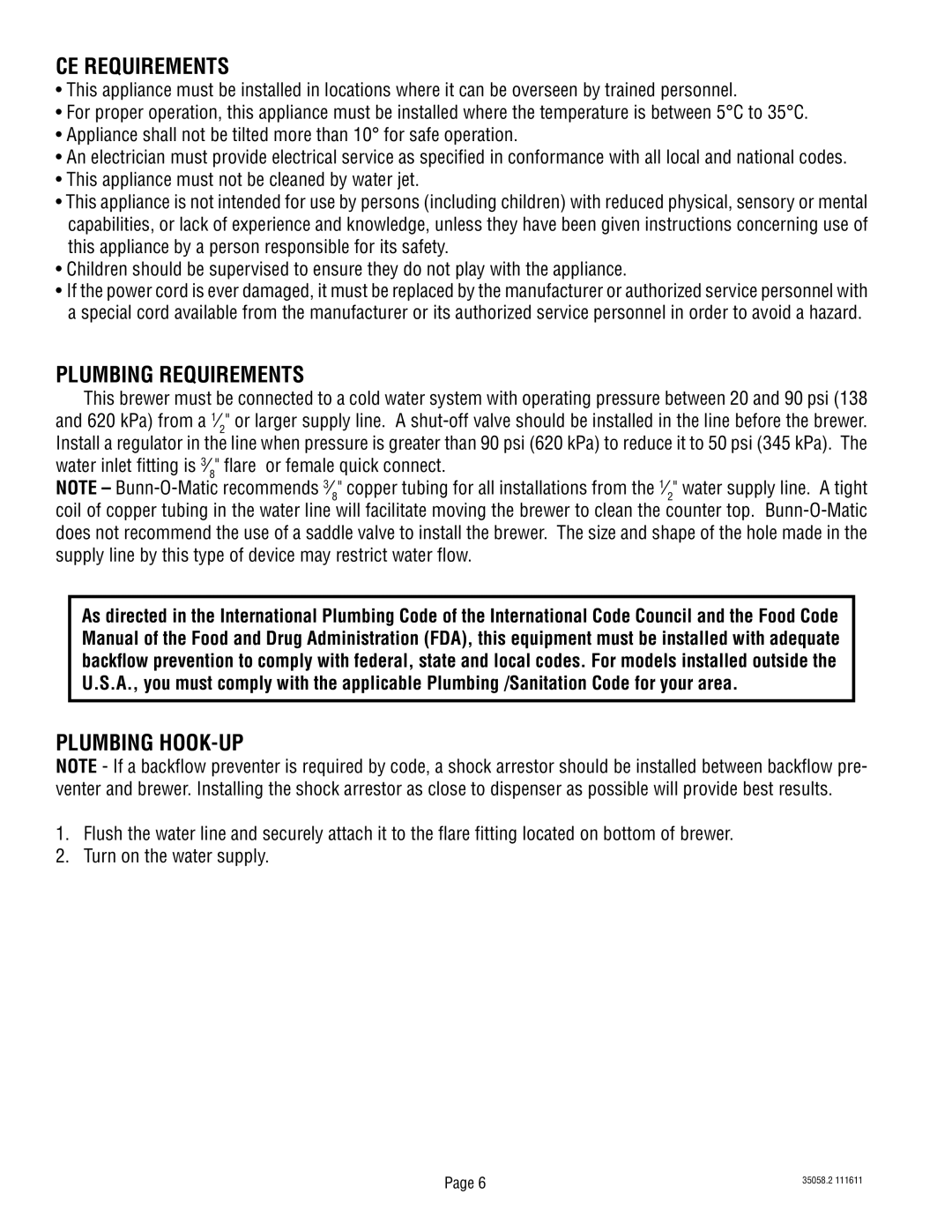 Bunn DUAL068000 manual CE Requirements, Plumbing Requirements, Plumbing HOOK-UP 