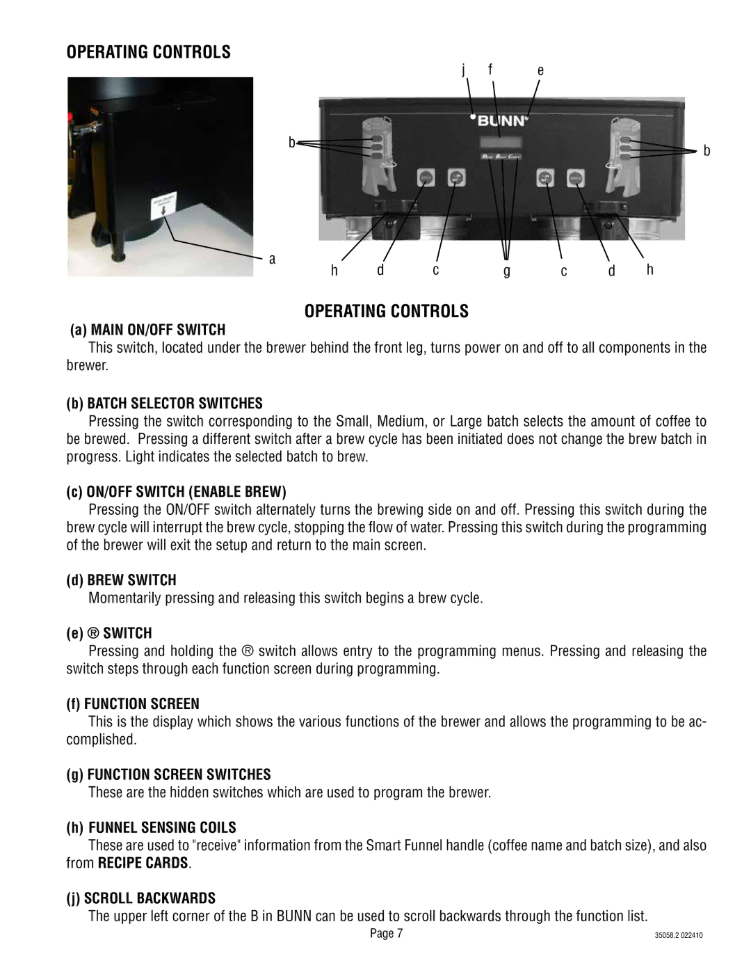 Bunn DUAL068000 manual Operating Controls 