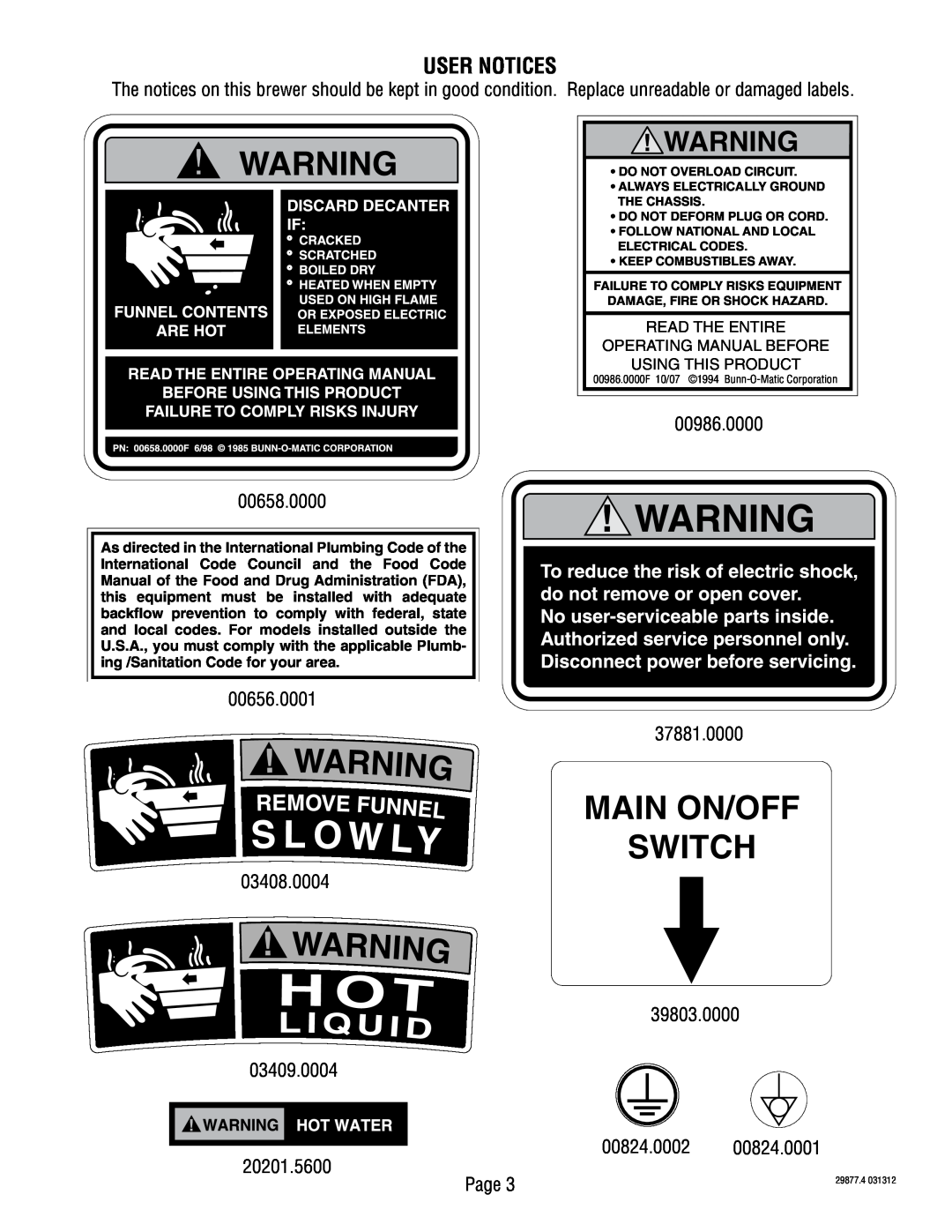 Bunn DUAL068000 manual User Notices, Main On/Off Switch 