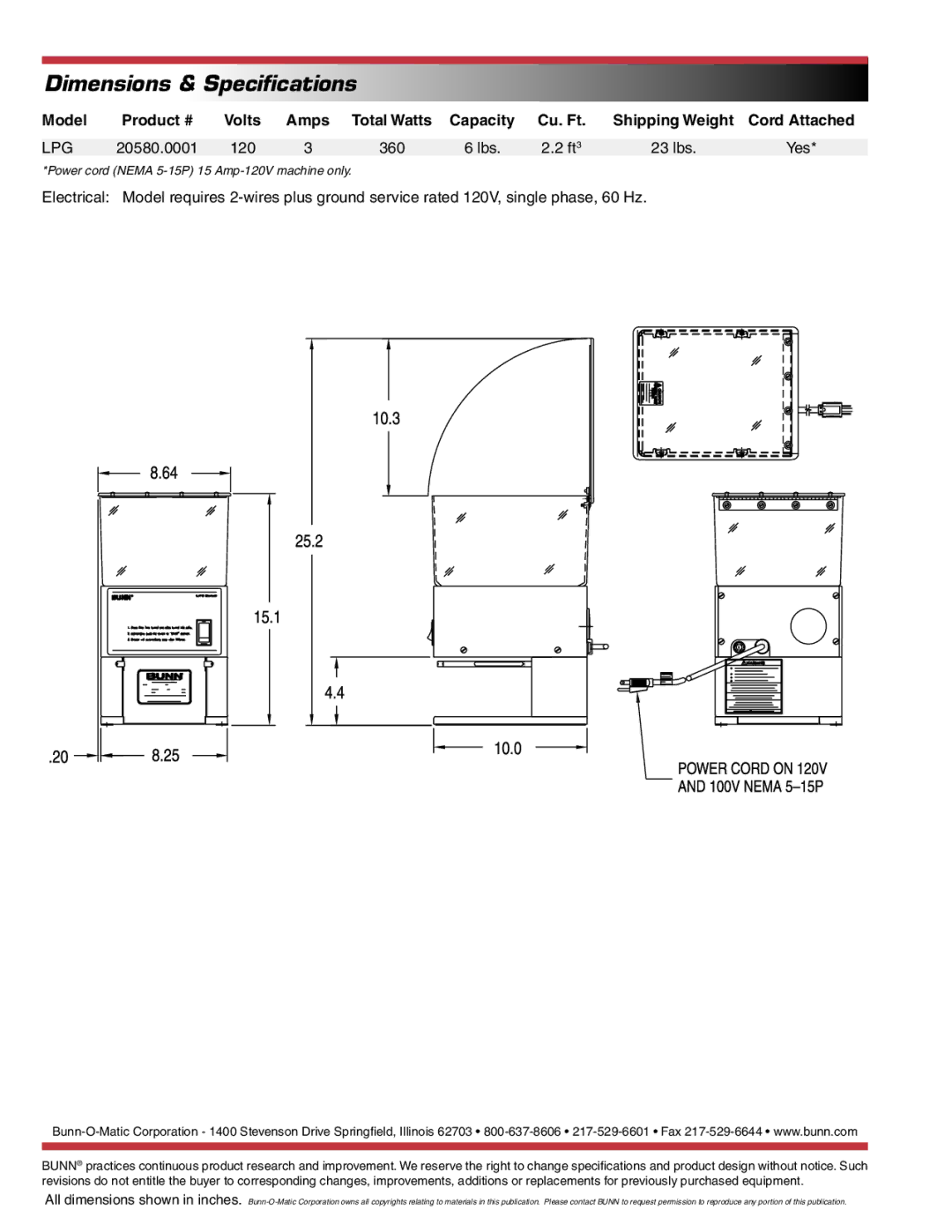 Bunn E9004.0003B specifications Dimensions & Speciﬁcations, Model Product # Volts Amps, Capacity Cu. Ft, Cord Attached, Lpg 