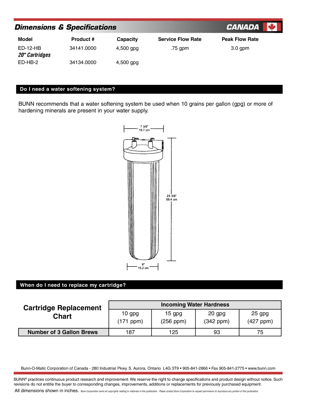 Bunn ED-12-HB specifications Canada 