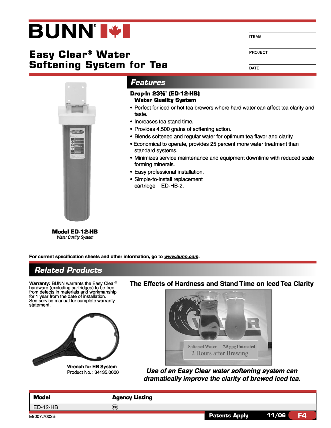 Bunn specifications Features, Related Products, Easy Clear Water Softening System for Tea, Model ED-12-HB, 11/06 