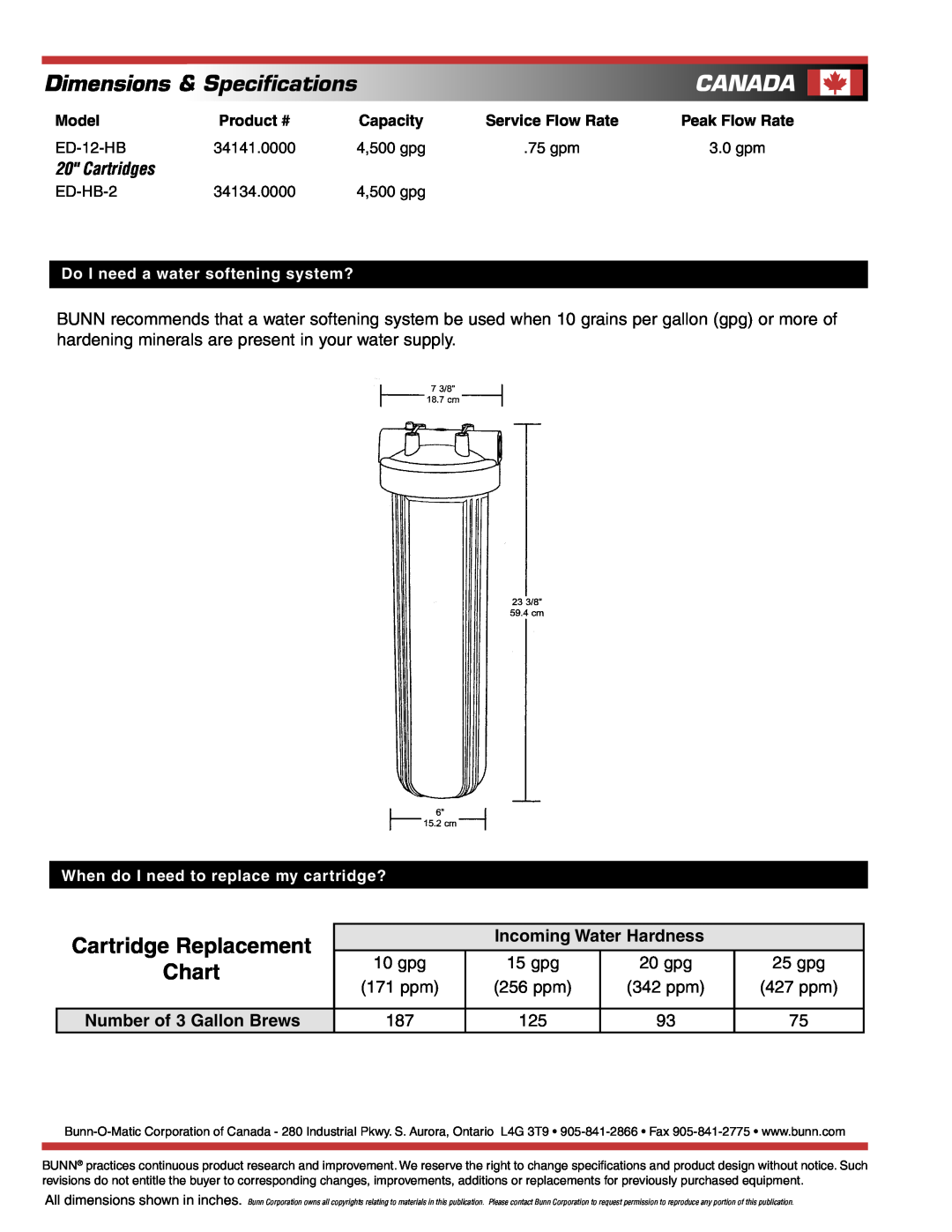 Bunn ED-12-HB Canada, Cartridge Replacement, Dimensions & Speciﬁcations, Chart, Cartridges, Incoming Water Hardness 