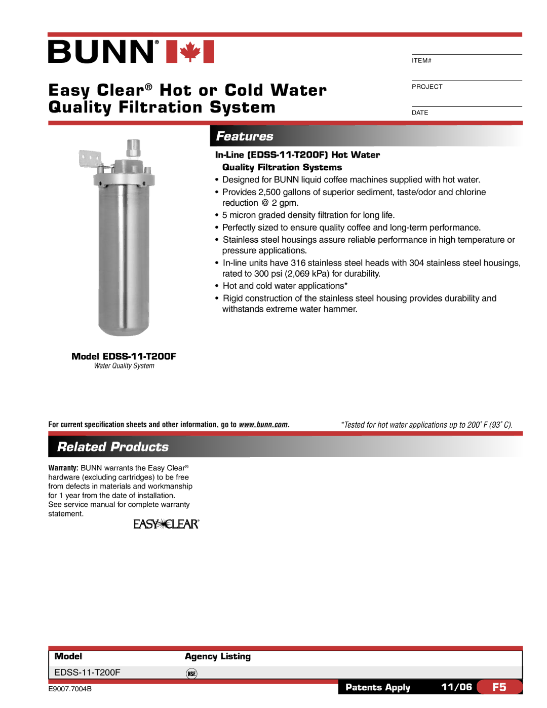 Bunn EDSS-11-T200F specifications Easy Clear Hot or Cold Water Quality Filtration System, Features, Related Products 