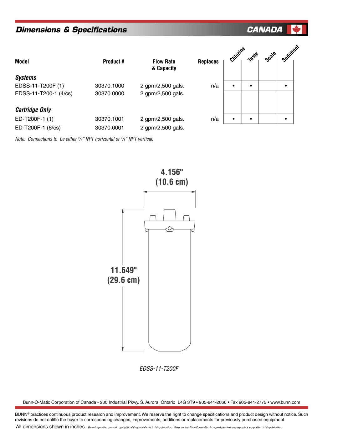 Bunn EDSS-11-T200F specifications Canada, Systems, Cartridge Only, Model Product # 