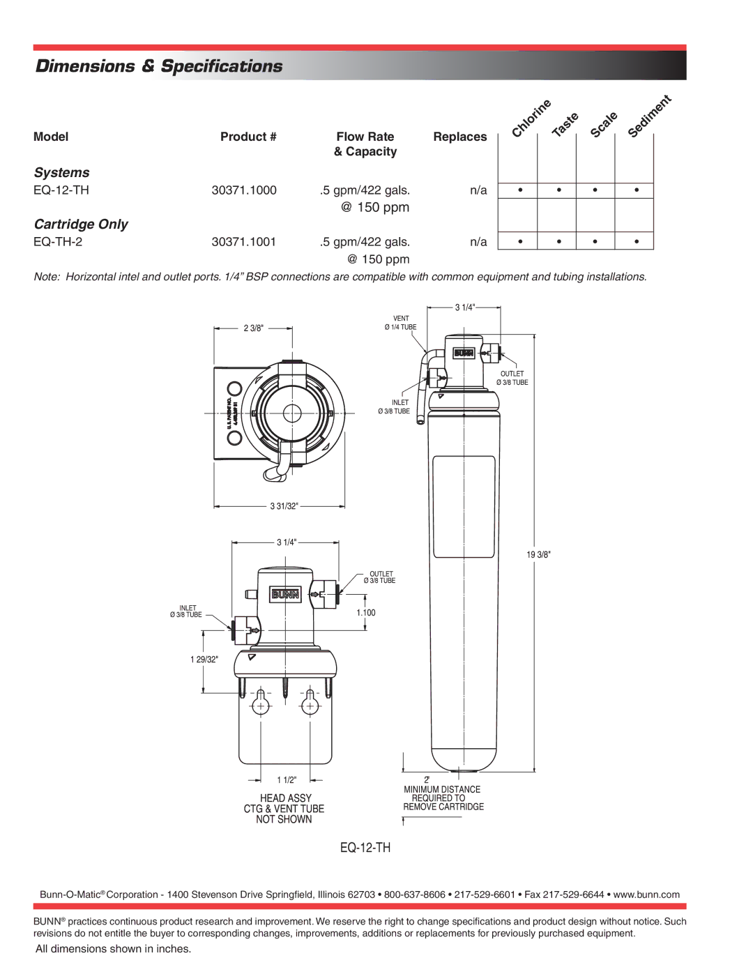 Bunn EQ-12-TH specifications Dimensions & Specifications, Systems, @ 150 ppm, Cartridge Only 