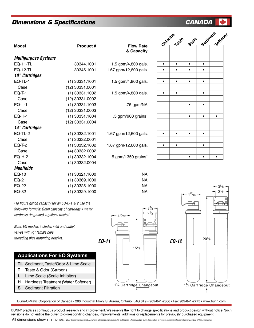 Bunn EQ-12-TL, EQ-11-TL specifications Multipurpose Systems, Cartridges, Manifolds 