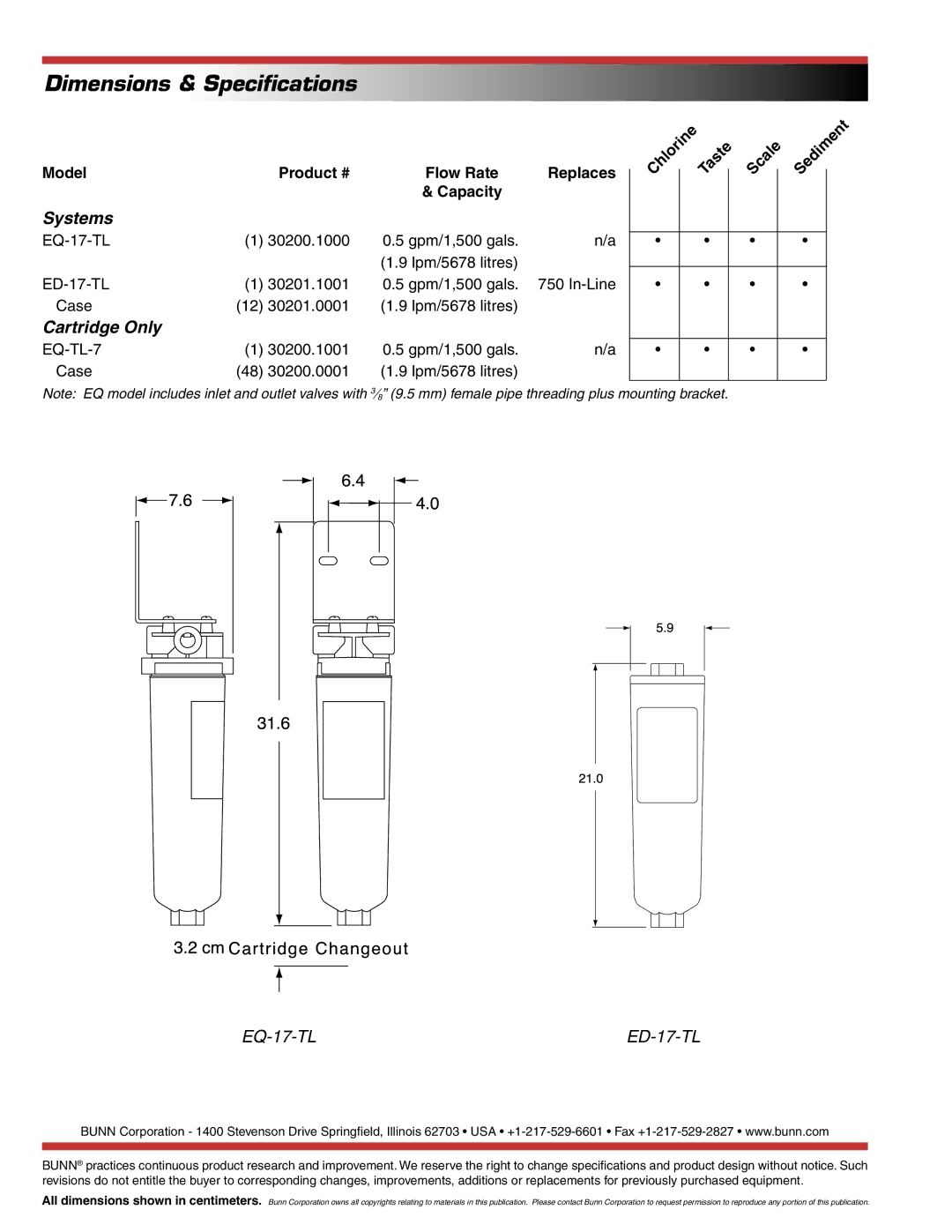 Bunn specifications Dimensions & Speciﬁcations, Systems, Cartridge Only, EQ-17-TL ED-17-TL 