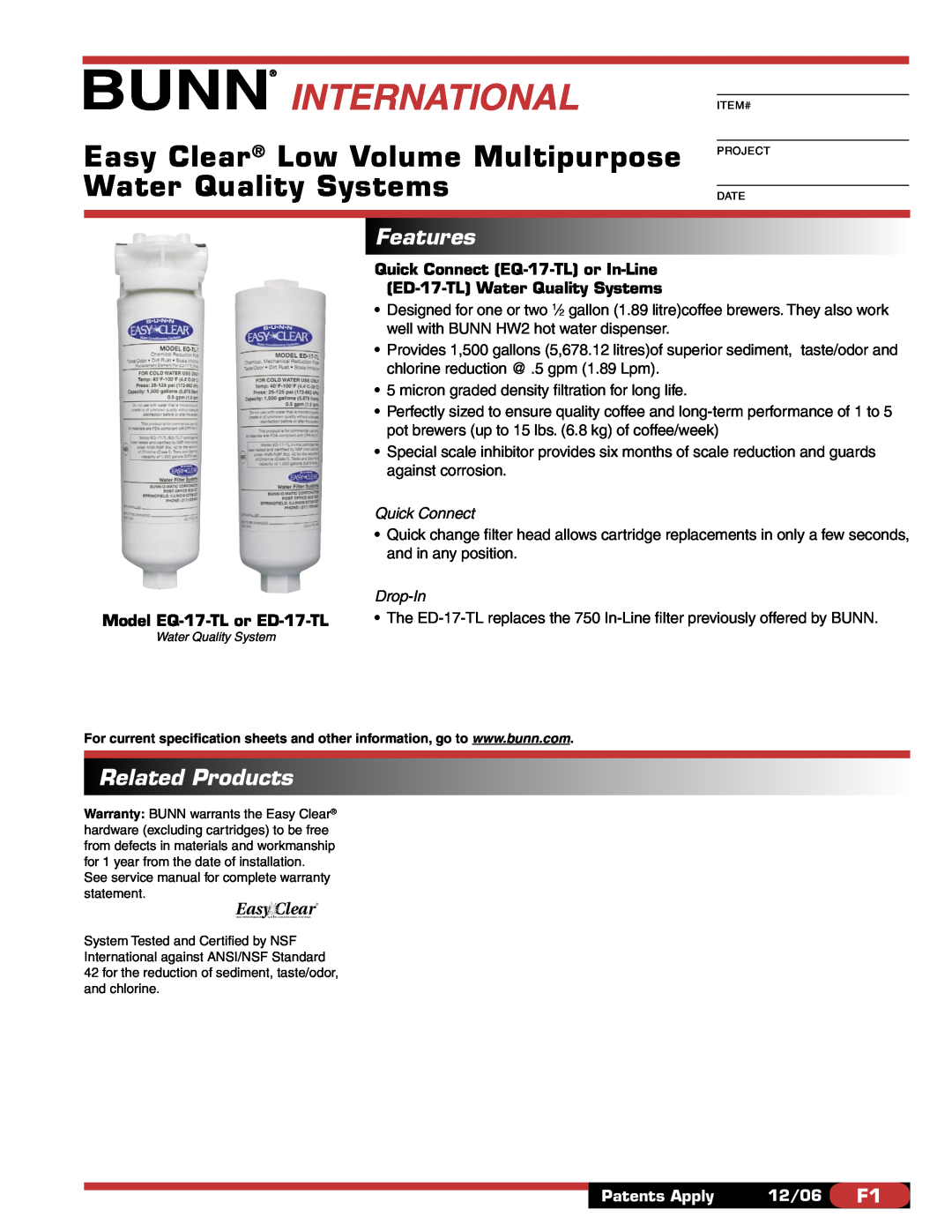 Bunn specifications Model EQ-17-TL or ED-17-TL, Quick Connect EQ-17-TL or In-Line ED-17-TL Water Quality Systems 