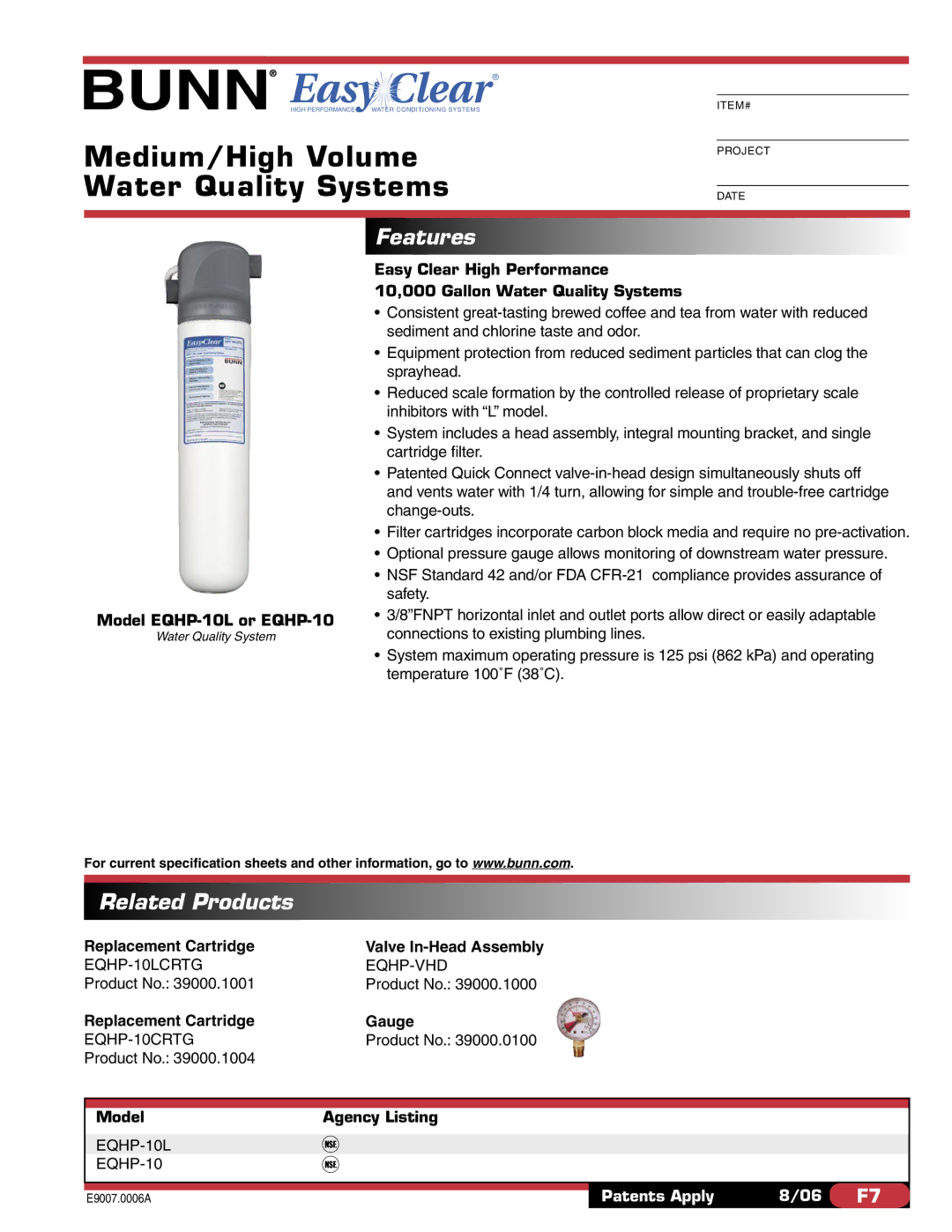 Bunn EQHP-10L specifications Medium/High Volume, Water Quality Systems, Features, Related Products 