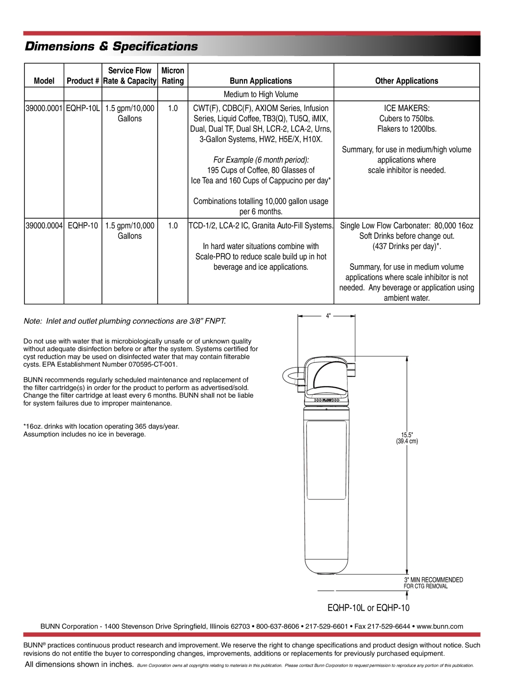 Bunn specifications Dimensions & Speciﬁcations, EQHP-10L or EQHP-10, Service Flow Micron, Rate & Capacity Rating 