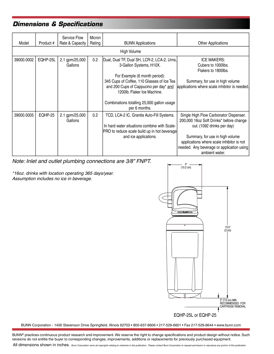 Bunn specifications Dimensions & Speciﬁcations, EQHP-25L or EQHP-25, Service Flow Micron, High Volume 