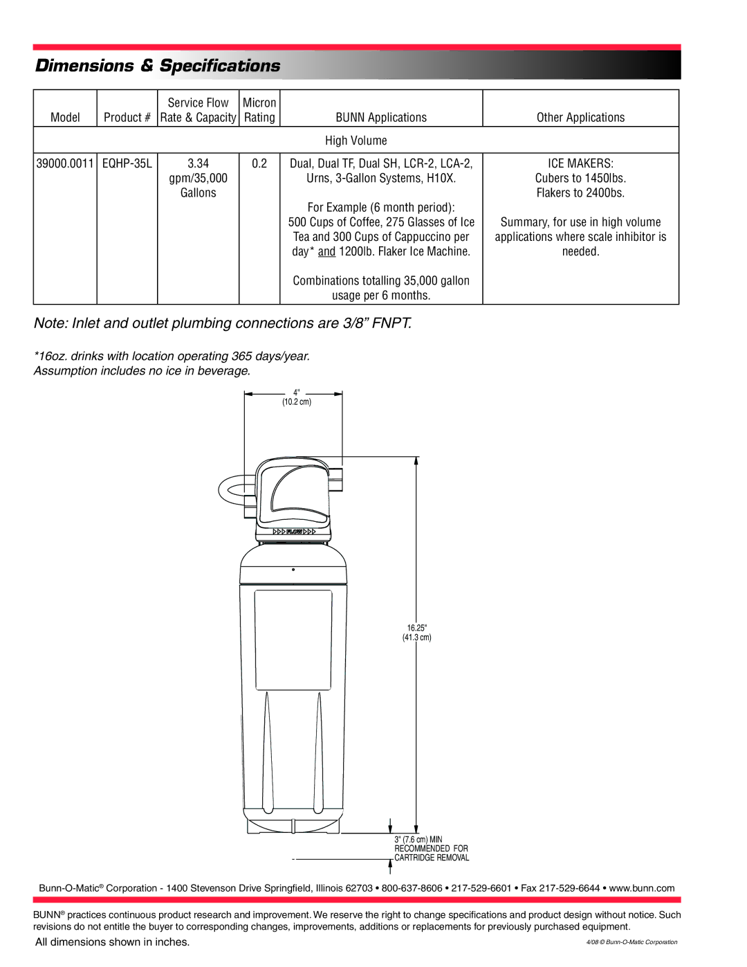 Bunn EQHP-35L specifications Dimensions & Specifications, Service Flow Micron, Product #, High Volume 39000.0011 