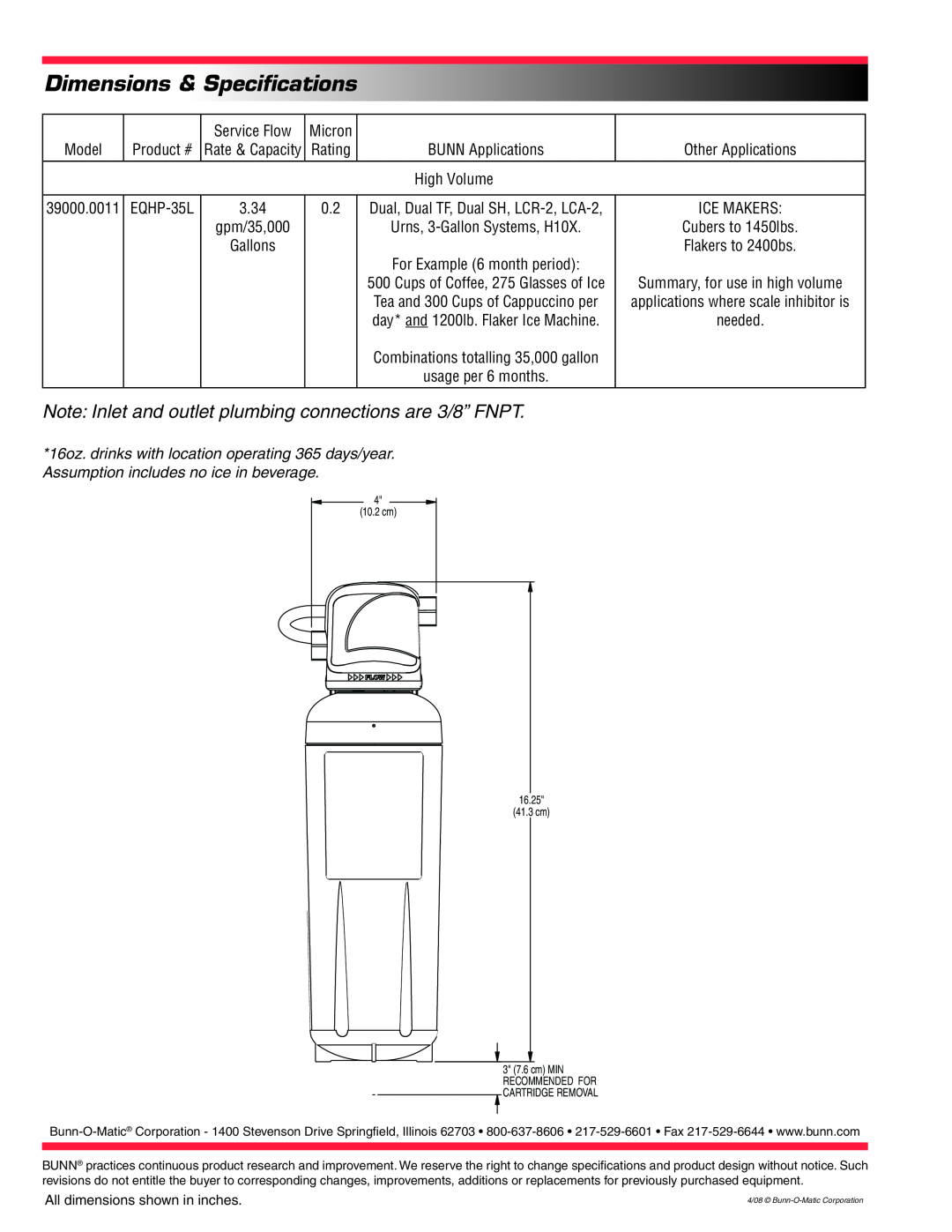 Bunn EQHP-35L specifications Dimensions & Specifications, Note Inlet and outlet plumbing connections are 3/8” FNPT 