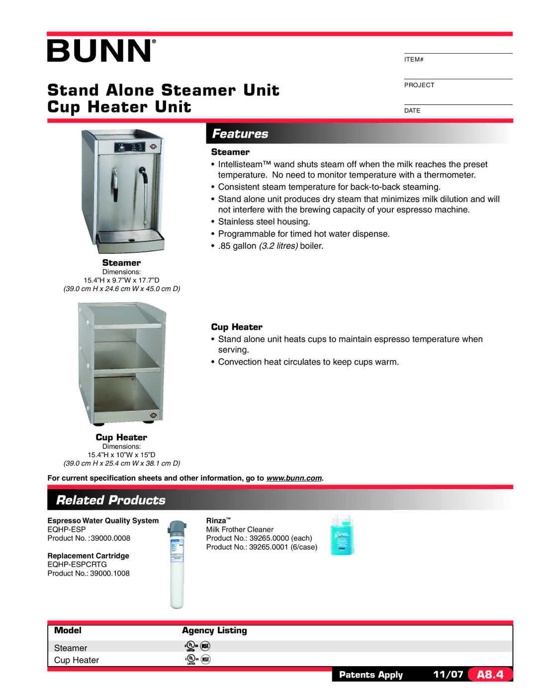 Bunn none, EQHP-ESPCRTG specifications Stand Alone Steamer Unit Cup Heater Unit, Features, Related Products 