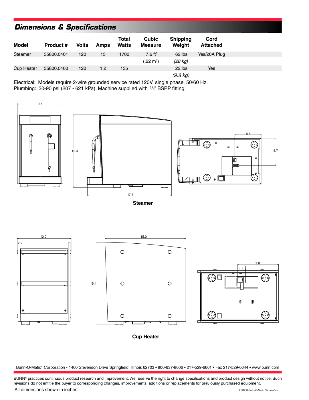 Bunn EQHP-ESPCRTG, none specifications Dimensions & Specifications, Attached 