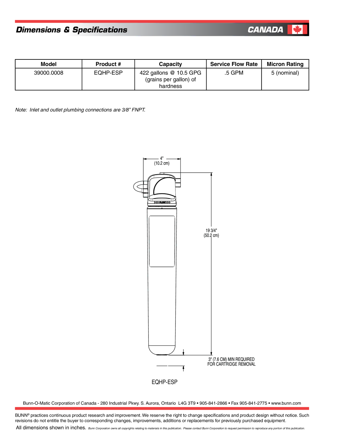 Bunn EQHP-ESP specifications Canada, Model Product # Capacity Service Flow Rate Micron Rating 