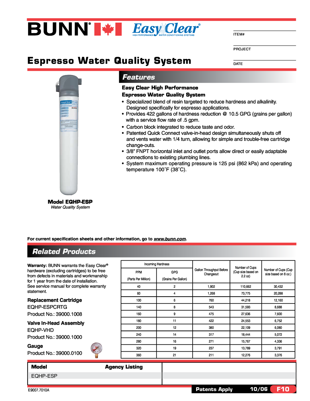 Bunn EQHP-ESP specifications Features, Related Products, Easy Clear High Performance Espresso Water Quality System, Gauge 