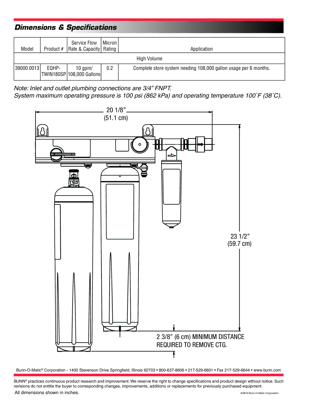 Bunn EQHP-TWIN 108SP specifications Dimensions & Specifications, 20 1/8 51.1 cm 23 1/2 59.7 cm 