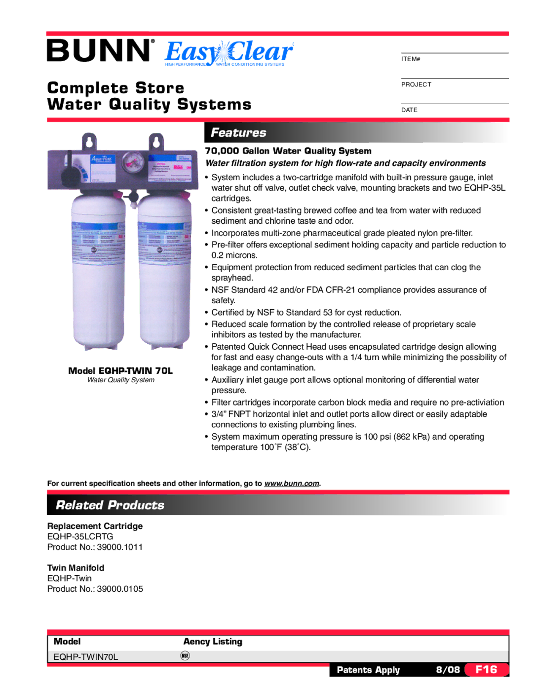 Bunn EQHP-TWIN 70L specifications Complete Store, Water Quality Systems, Features, Related Products 