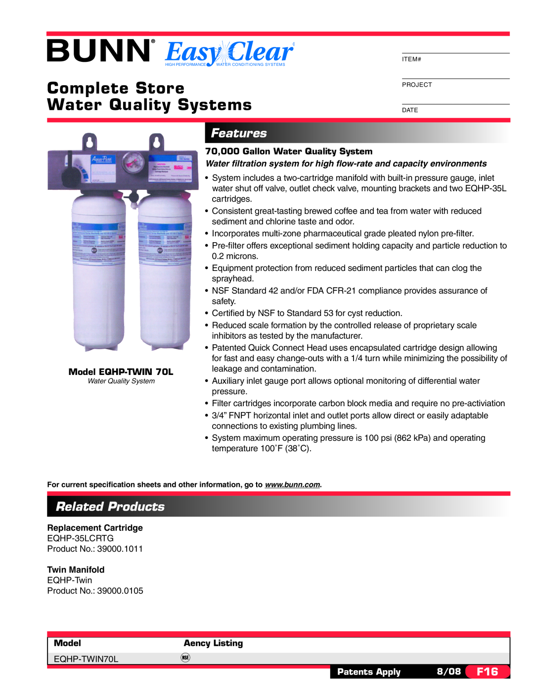Bunn specifications Complete Store, Water Quality Systems, Features, Related Products, Model EQHP-TWIN 70L, 8/08 F16 