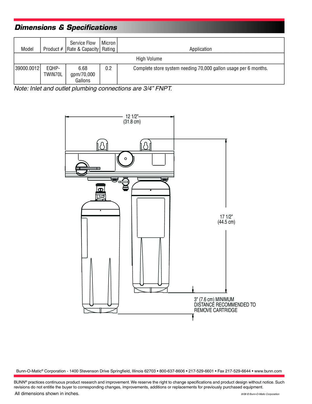 Bunn EQHP-TWIN 70L Dimensions & Specifications, Note Inlet and outlet plumbing connections are 3/4” FNPT, Product # 