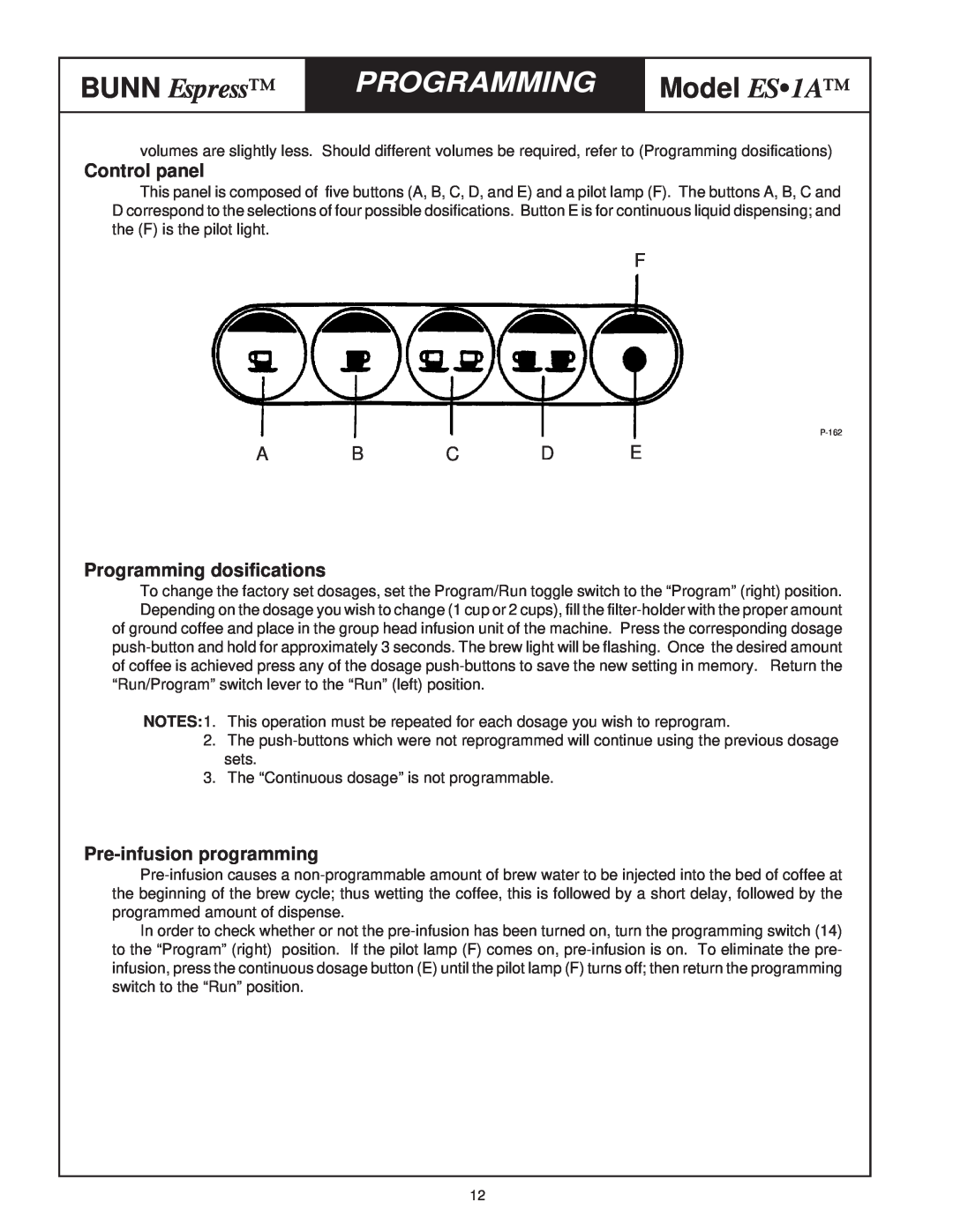 Bunn ES1A service manual BUNN Espress, Model ES 1A, Control panel, Programming dosifications, Pre-infusionprogramming 