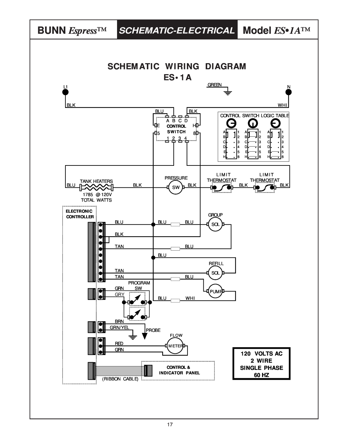 Bunn Schematic Wiring, BUNN Espress, Model ES1A, ES 1A, Schematic-Electrical, Diagram, Volts Ac, Wire, Single Phase 