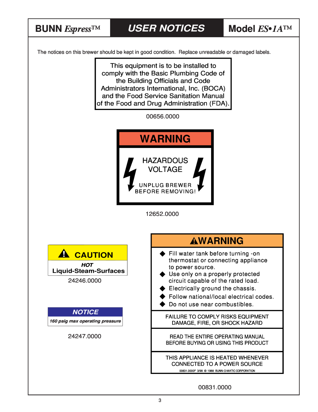 Bunn service manual User Notices, BUNN Espress, Model ES1A, Hazardous Voltage, Liquid-Steam-Surfaces 