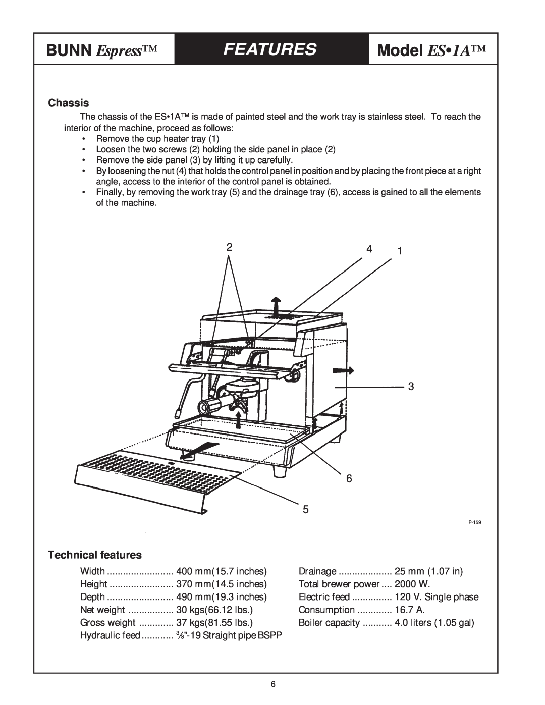 Bunn service manual BUNN Espress, Features, Model ES1A, Chassis, Technical features 