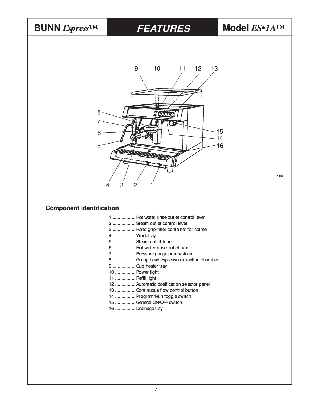 Bunn ES1A service manual BUNN Espress, Features, Model ES 1A, Component identification 