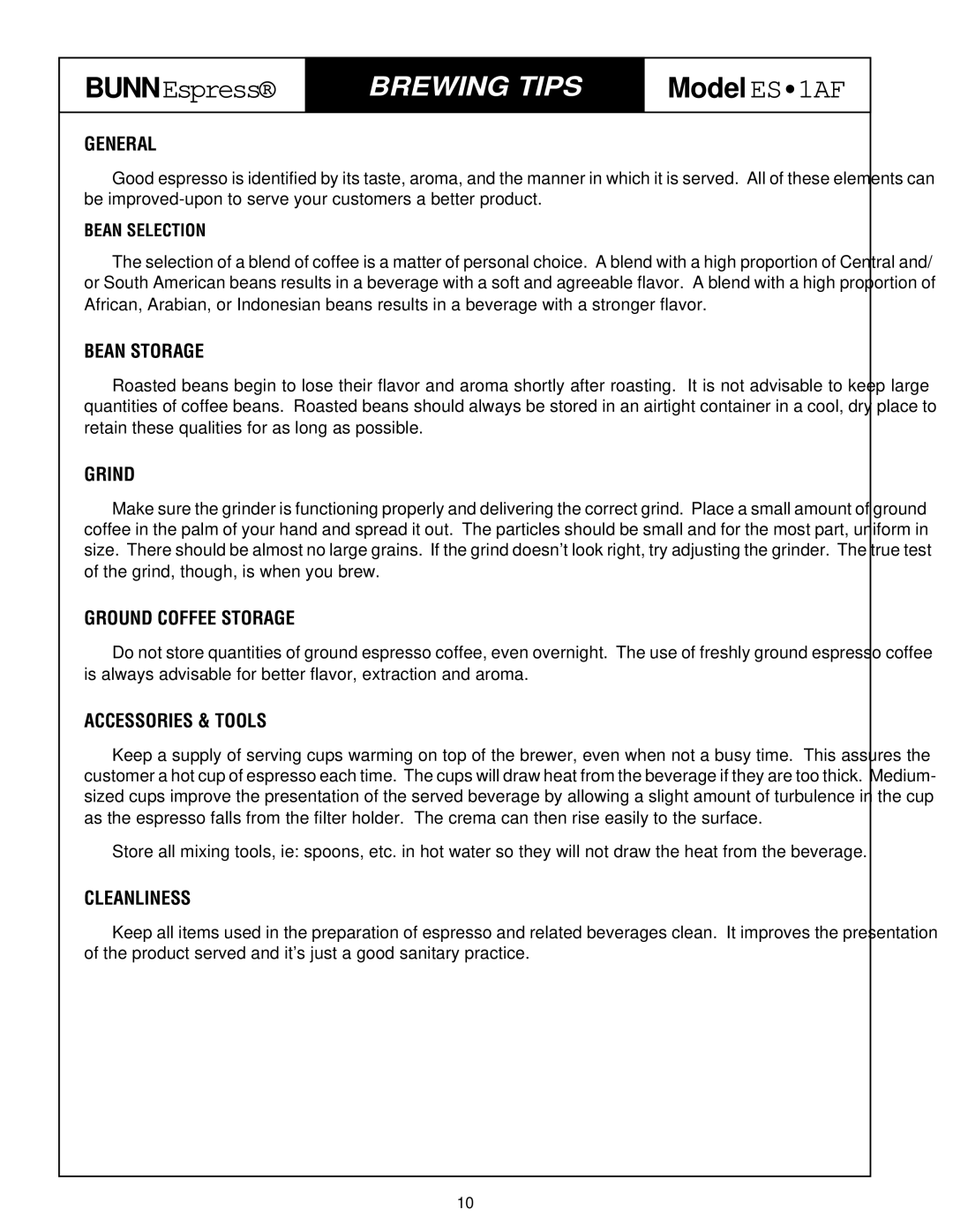 Bunn ES.1AF service manual General, Bean Storage, Grind, Ground Coffee Storage, Accessories & Tools, Cleanliness 