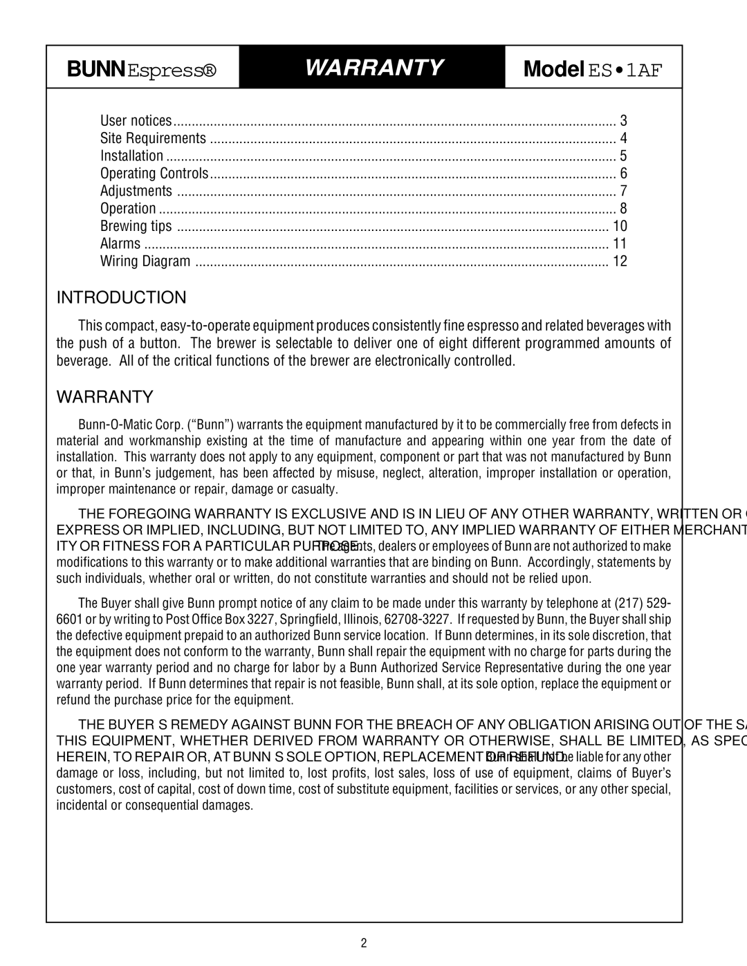 Bunn ES.1AF service manual Warranty, Model ES1AF 