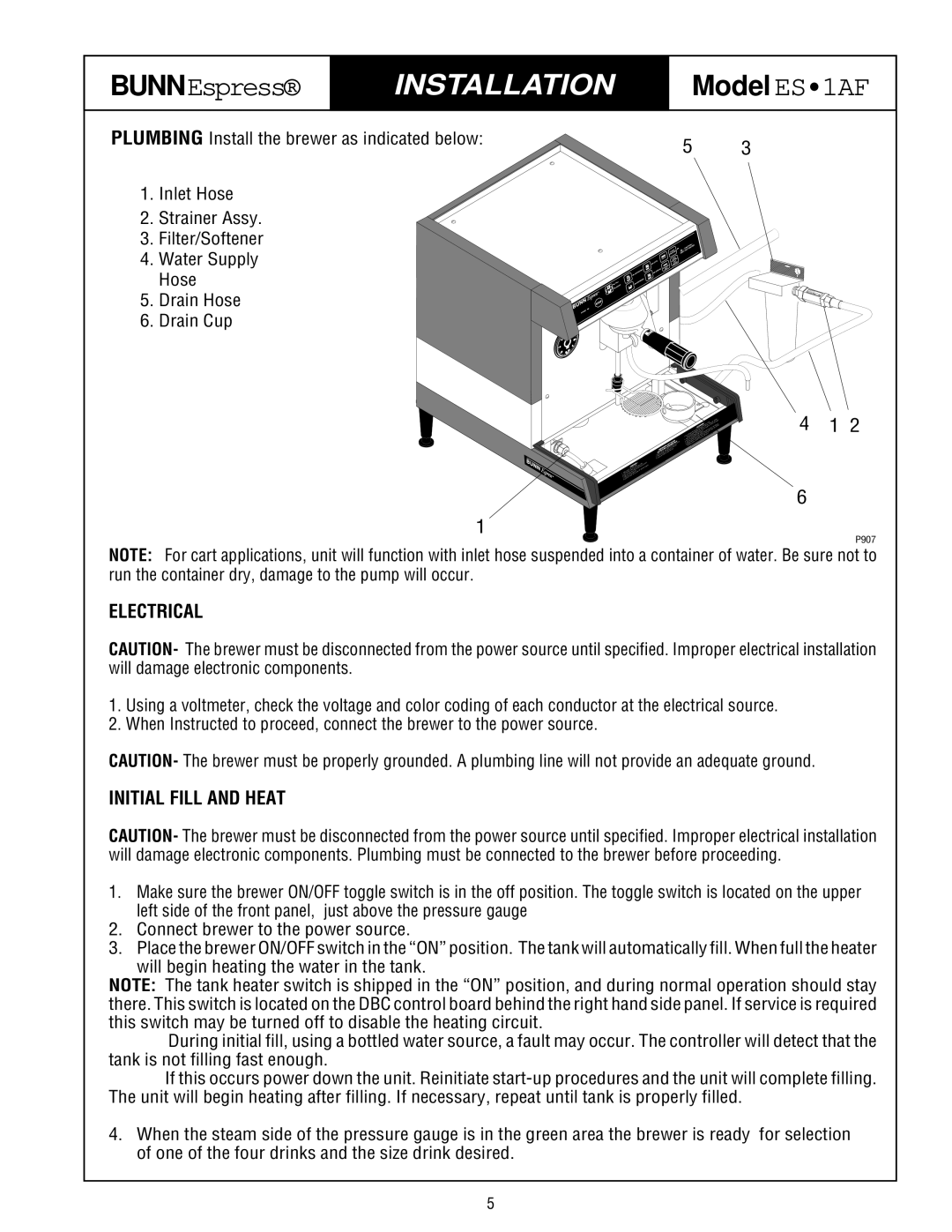 Bunn ES.1AF service manual Installation, Initial Fill and Heat 