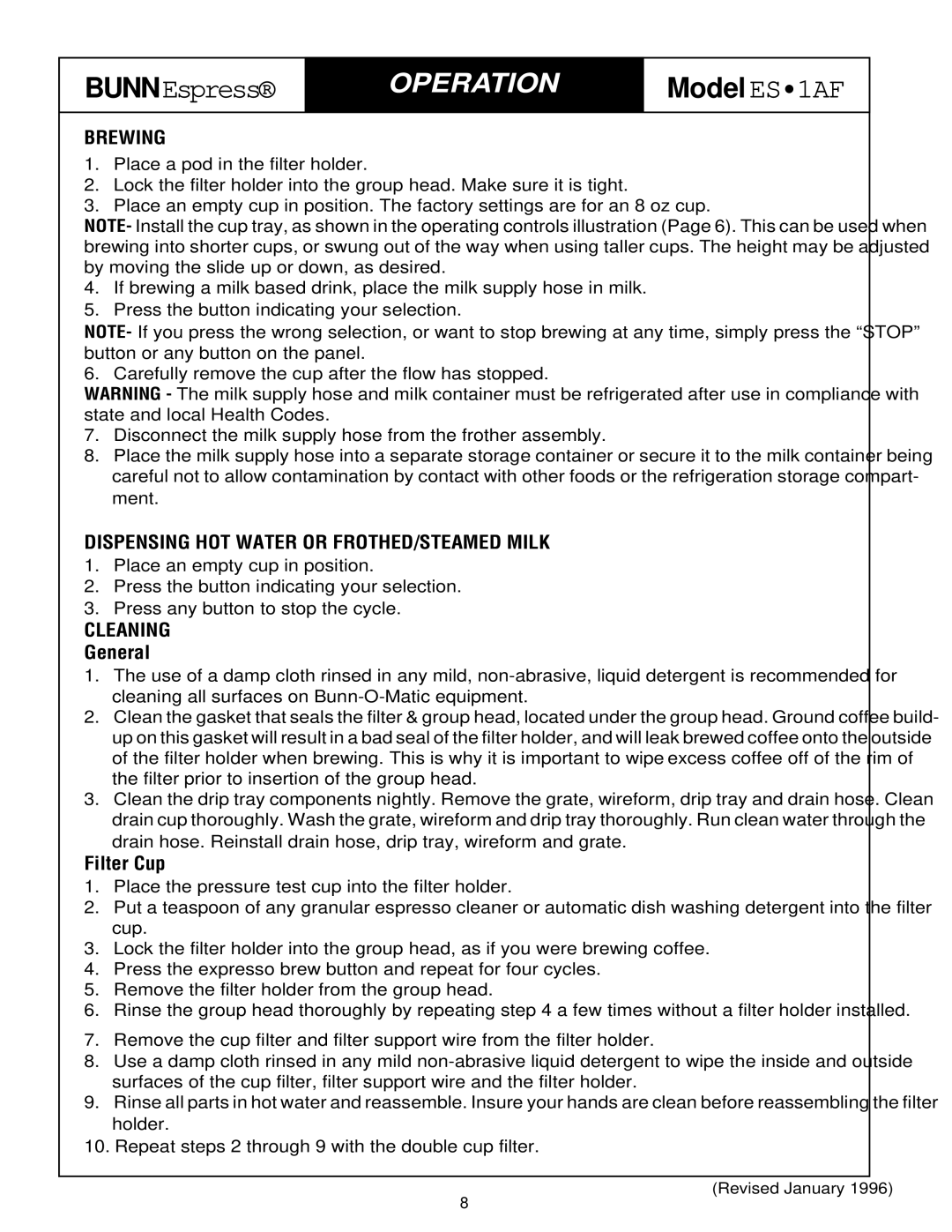 Bunn ES.1AF service manual Brewing, Dispensing HOT Water or FROTHED/STEAMED Milk, Filter Cup 