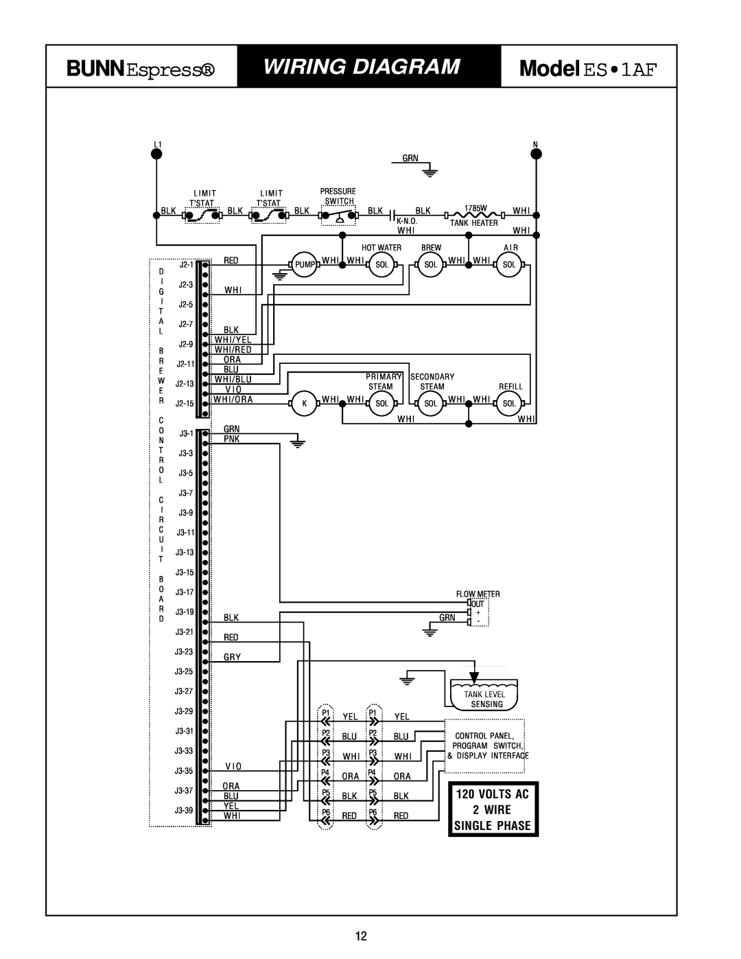 Bunn service manual Wiring Diagram, BUNNEspress, Model ES1AF, Volts Ac, Wire, Single Phase 