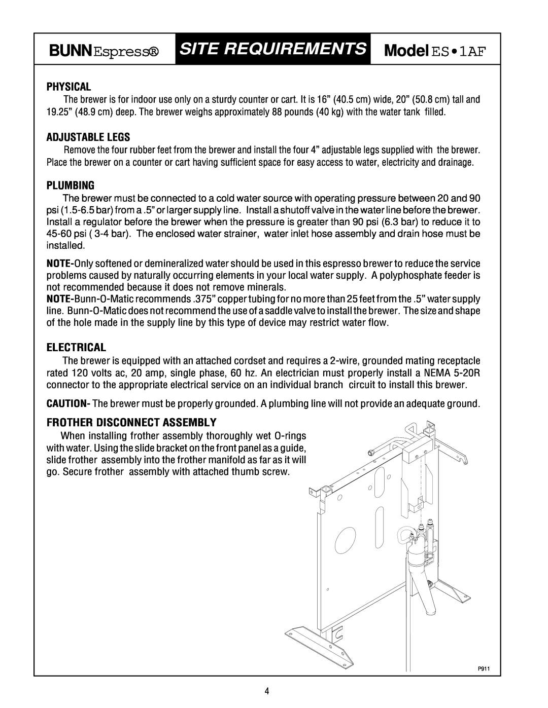 Bunn ES1AF Site Requirements, Physical, Adjustable Legs, Plumbing, Electrical, Frother Disconnect Assembly, BUNNEspress 