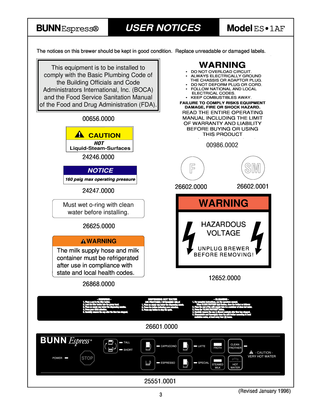 Bunn ES.1AF service manual User Notices, Hazardous Voltage, F Sm, BUNNEspress, Model ES1AF 